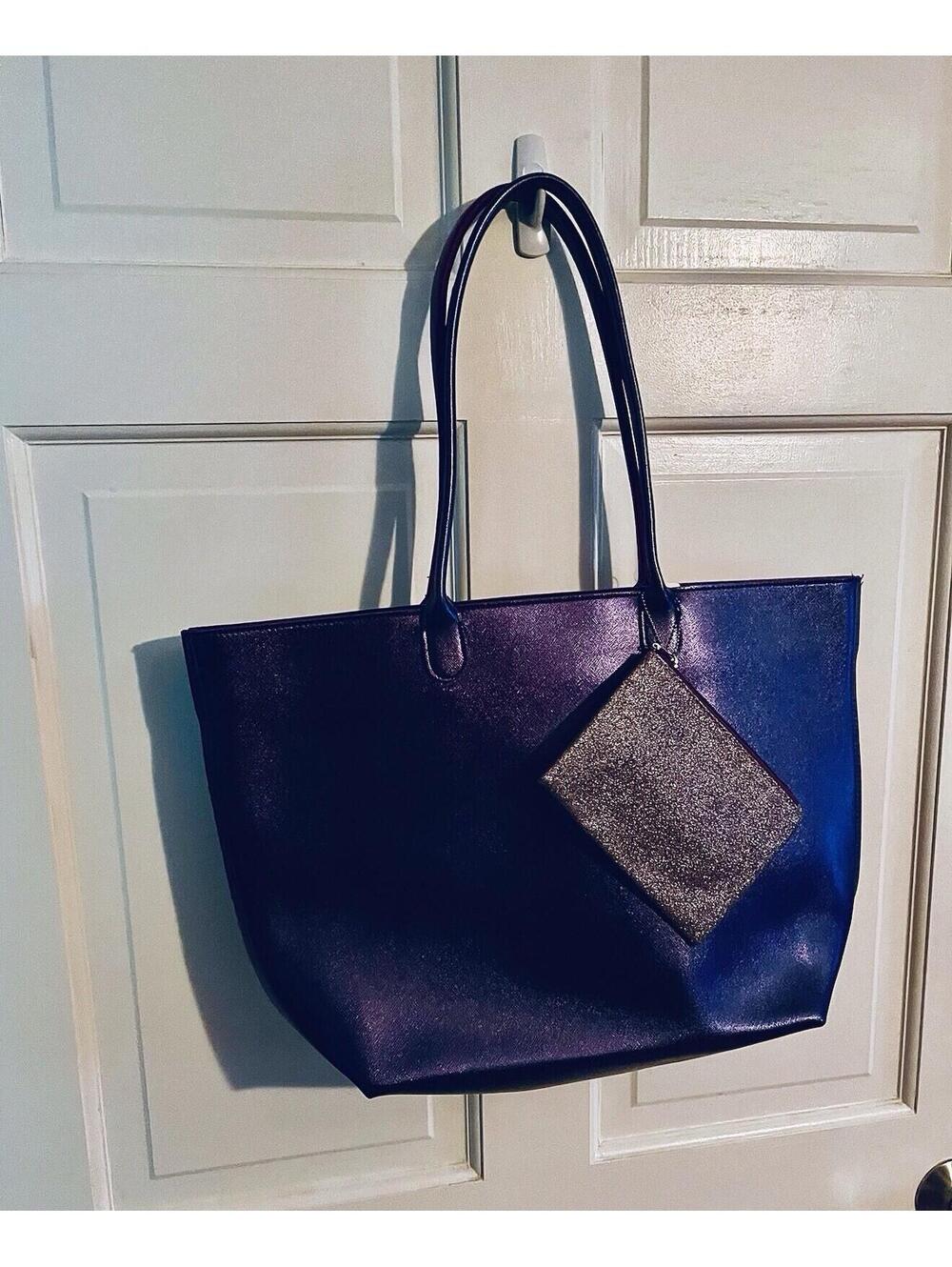 BATH AND BODY WORKS Synthetic/Faux Leather Tote, Midnight Blue W/Sparkle Pouch